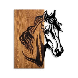 Wallity Horse 1 - Escultura de pared de madera y metal en nogal y negro
